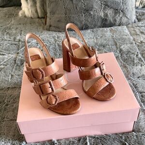 Louise et Cie Rose-Tan Croc-Embossed Triple Buckle Block Heel Sandals - Size 7